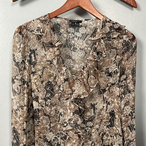 Theory Silk Floral Sheer Ruffle V- Neck Long Sleeve Top size S - Picture 2 of 10